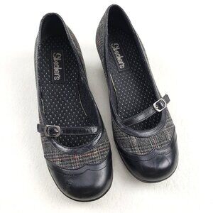 Vintage Y2K Skechers Mary Jane Wedge Womens 7.5 Leather Black Plaid Preppy Shoe